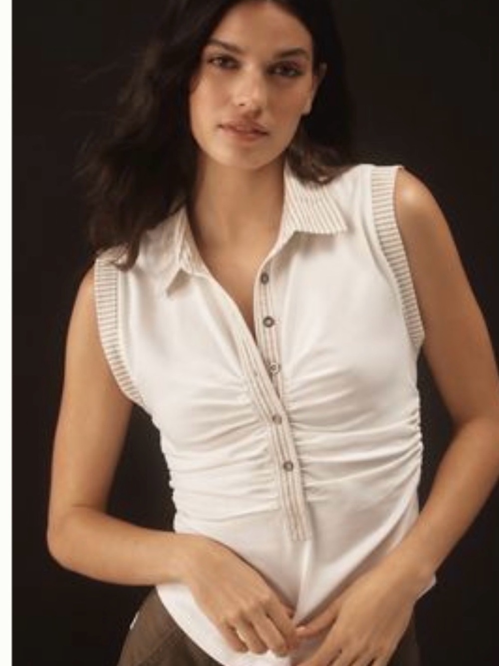 Pilcro White Sleeveless Ruched Button-Front Tank